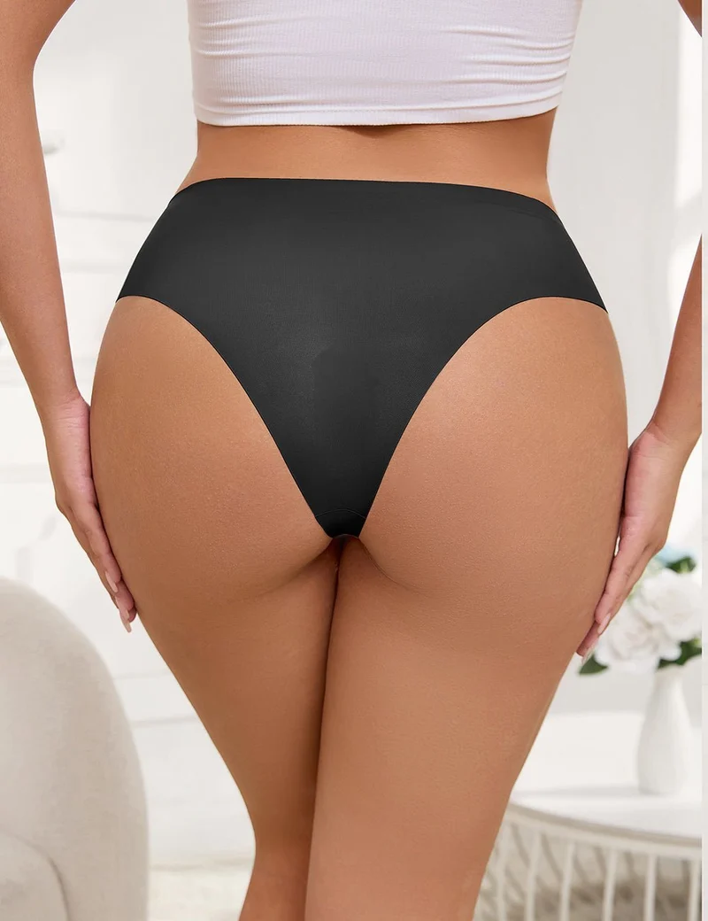 Schwarzer, nahtloser Slip – Dekorativer Ringbund, Nylon-Bademodenstoff & abschneidbarer Saum