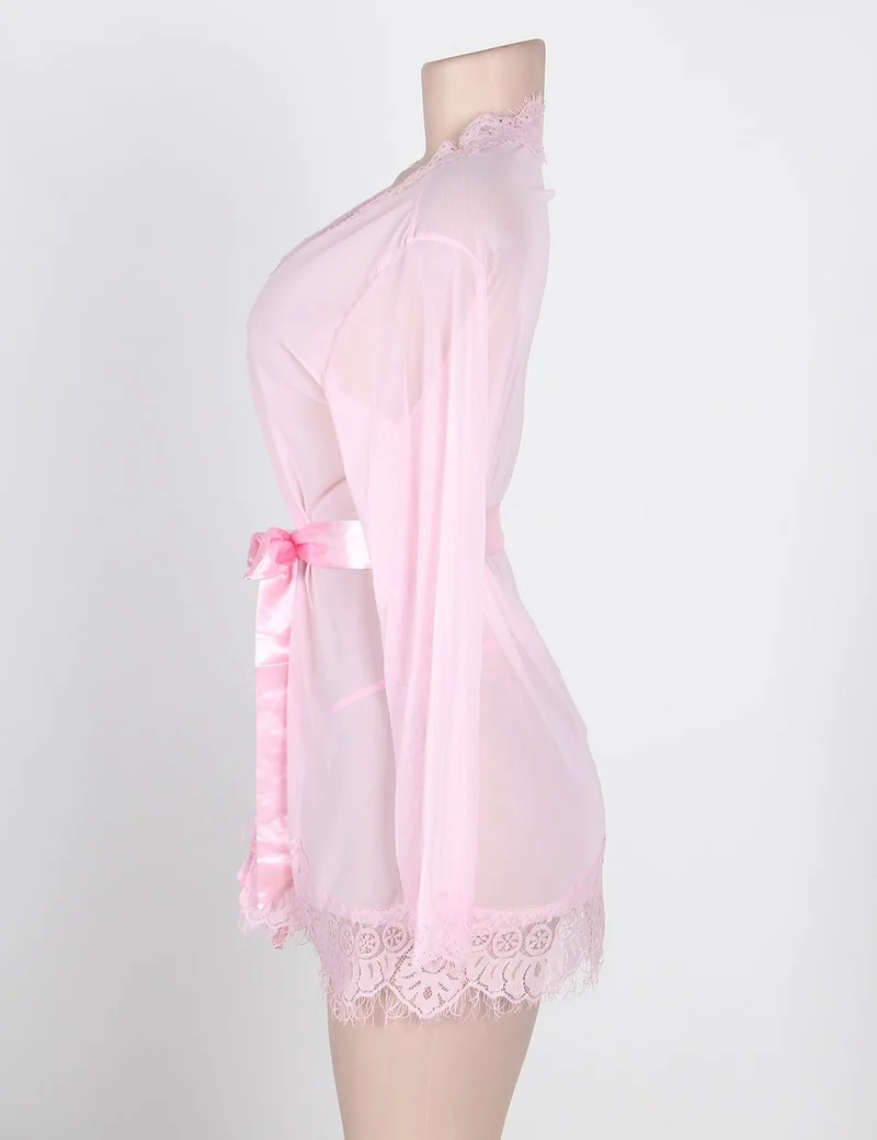 Rosa, transparenter Netz-Bademantel – Set aus Wimpernspitzenbesatz, Satin-Gürtel und String