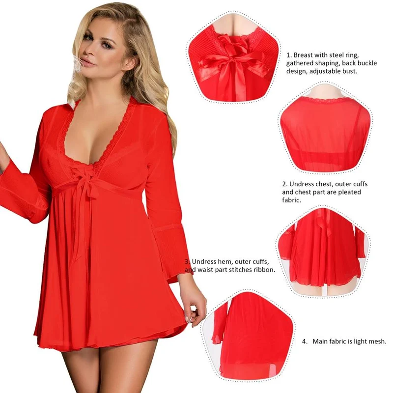 Rotes, transparentes Babydoll aus Mesh – mit Bügel-BH, Spitzenbesatz, Schleifenverzierung und passendem String-Set