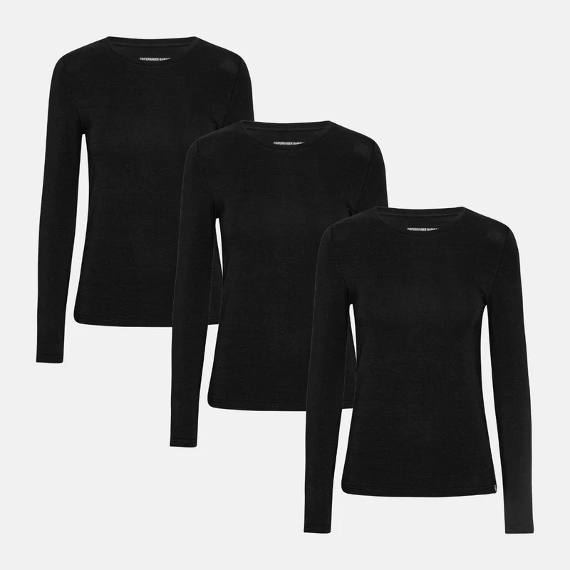3er Pack Schwarzes Langarm-Bambus-T-Shirt
