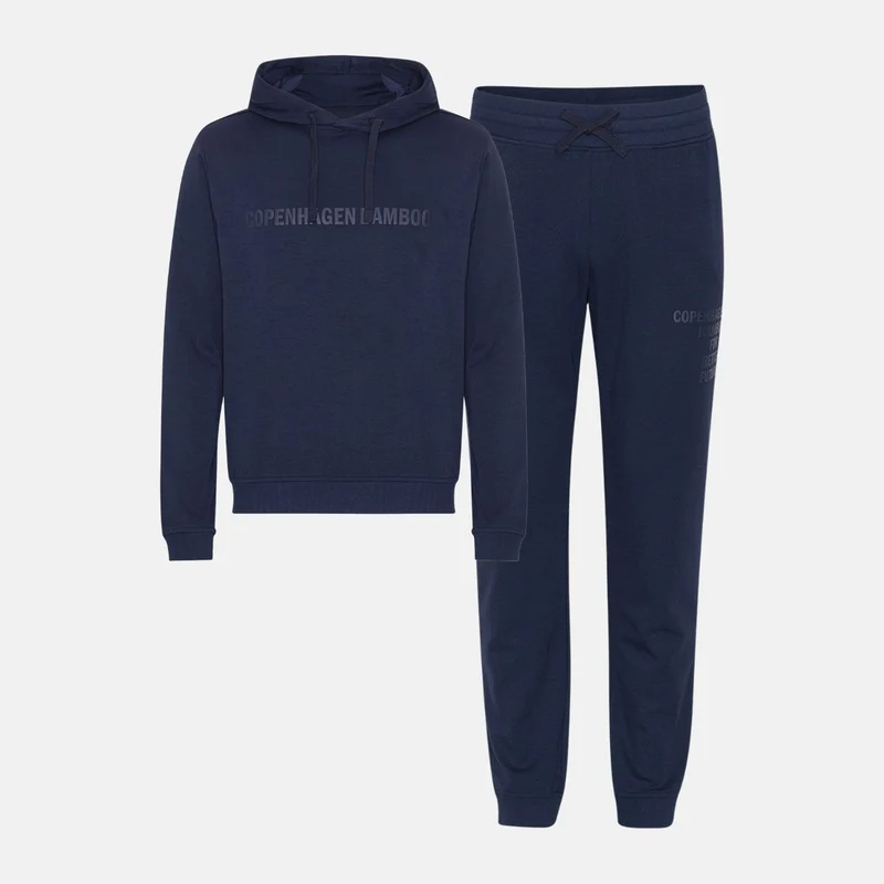 Blauer Bambus-Kapuzen-Jogginganzug mit Logo