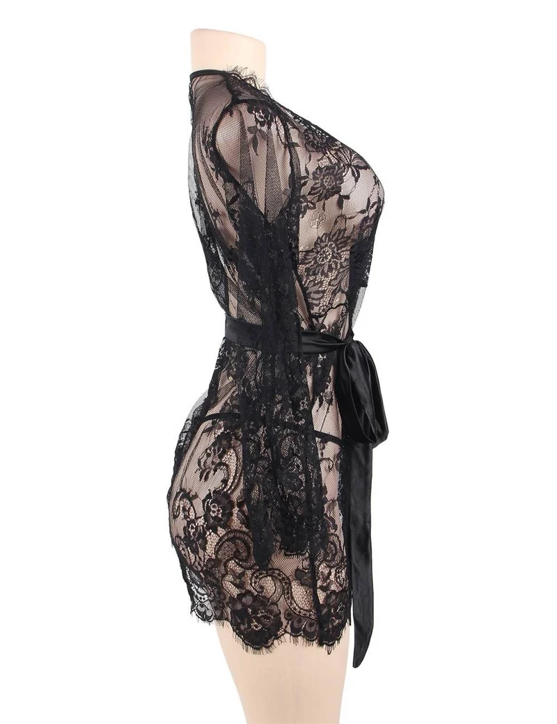 Schwarzes Cardigan-Kleid mit Wimpernspitzenbesatz – Rohspitzenbesatz, abnehmbarer Satinbund und kurzer Morgenmantel