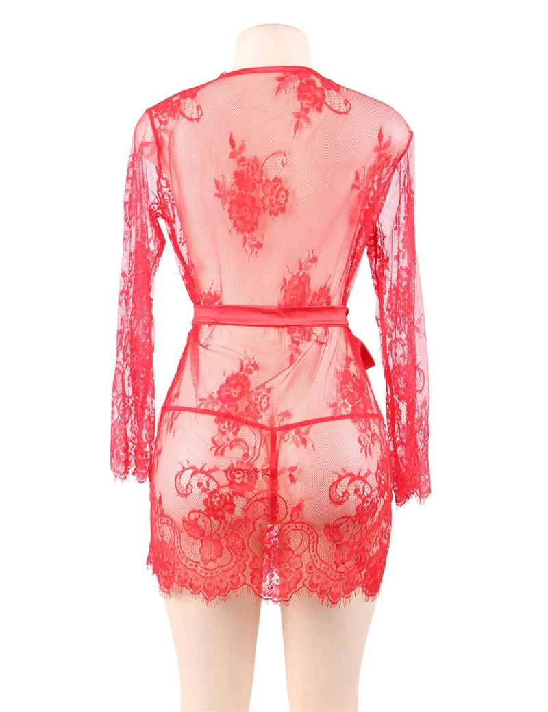 Rotes Cardigan-Kleid mit Wimpernspitzenbesatz – Rohspitzenbesatz, abnehmbarer Satinbund und kurzer Morgenmantel