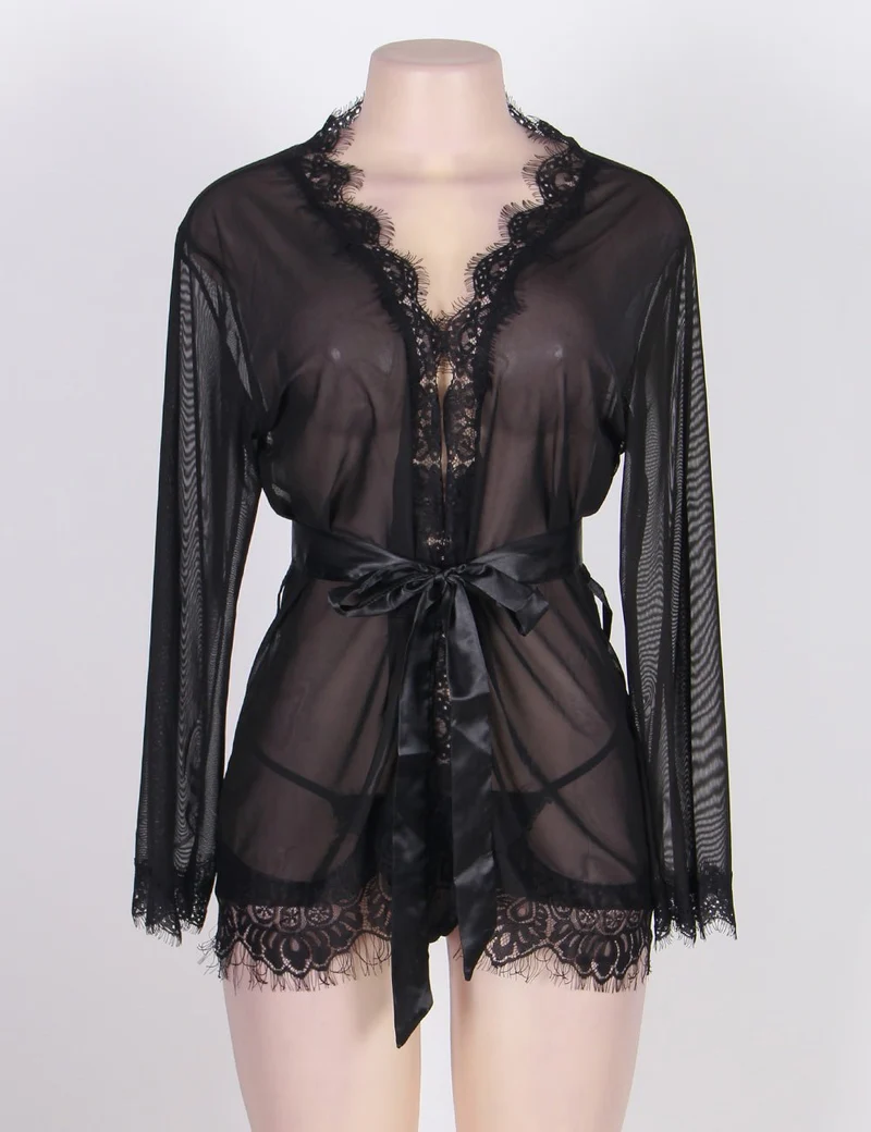 Schwarzer Babydoll-Bademantel aus Netzstoff – lange Ärmel, Spitzenbesatz, Kunstseidengürtel und passender String