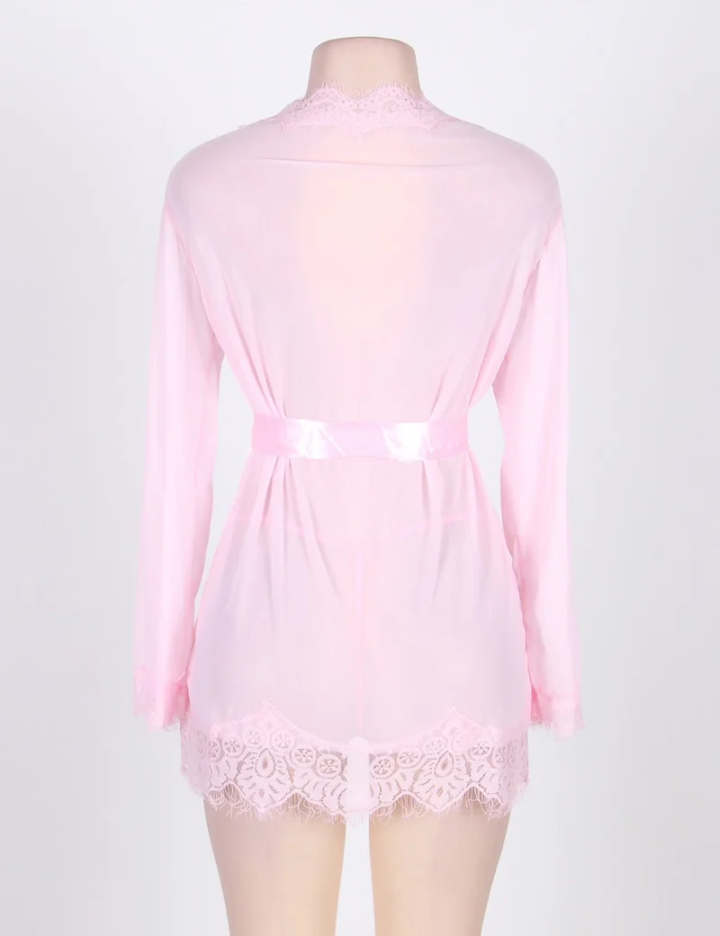 Rosa Babydoll-Bademantel aus Netzstoff – Langärmlig, mit Wimpernspitzenbesatz, Kunstseidengürtel und passendem String