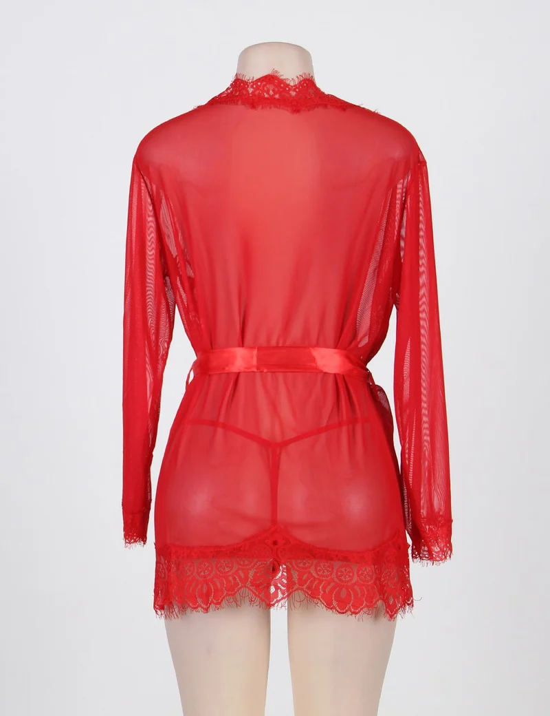 Roter Babydoll-Bademantel aus Netzstoff – Langärmlig, mit Wimpernspitzenbesatz, Kunstseidengürtel und passendem String