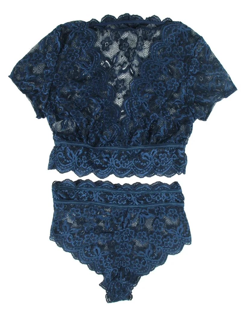 Denimblaues Set aus glänzendem Spitzen-BH und hochgeschnittenem Höschen – Crop-Top mit tiefem V-Ausschnitt