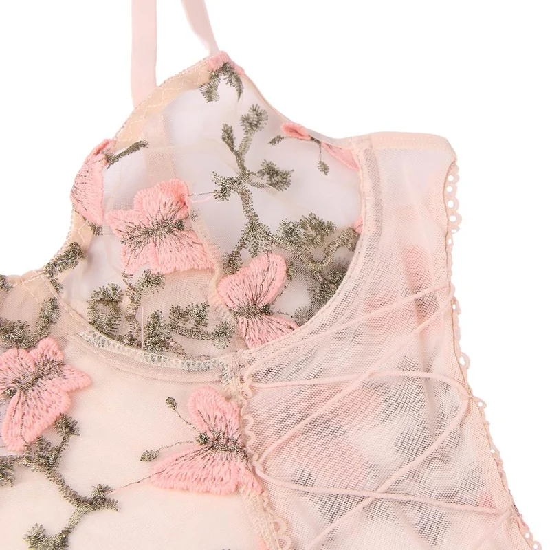 Hellrosa 3D-Stickerei-Mesh-Dessous-Set – Bügel-BH, gekreuzter Bund, Crop-Ausschnitt und Baumwollzwickel
