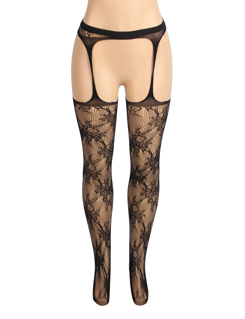 Schwarze Nylon-Strumpfhose im Fischernetz-Stil mit Blumenmuster – Breiter elastischer Bund & offener Schritt