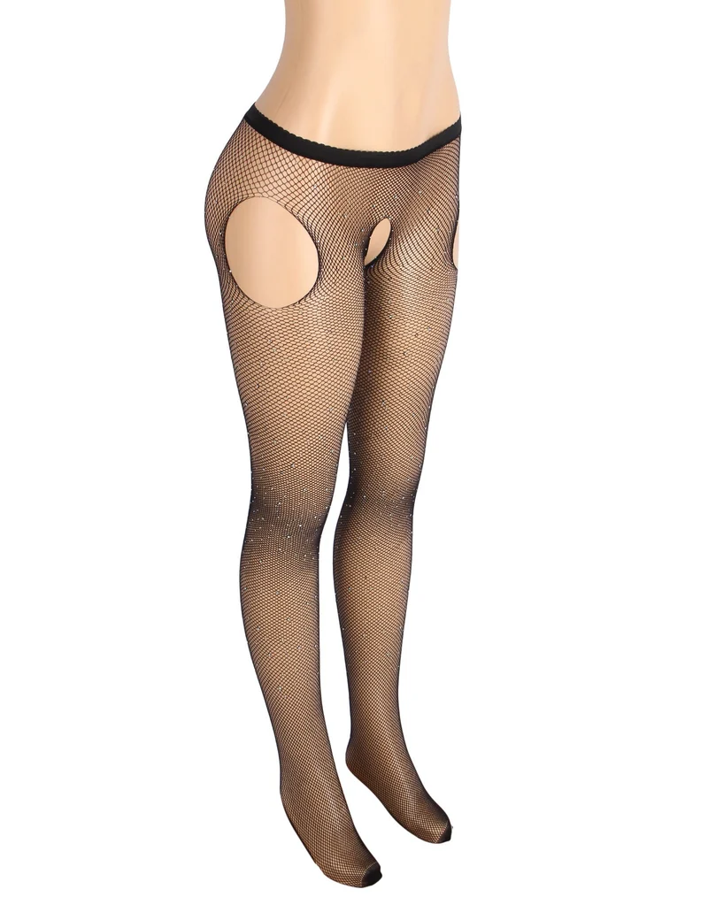 Schwarze sexy Netzstrumpfhose mit Strass im Schritt