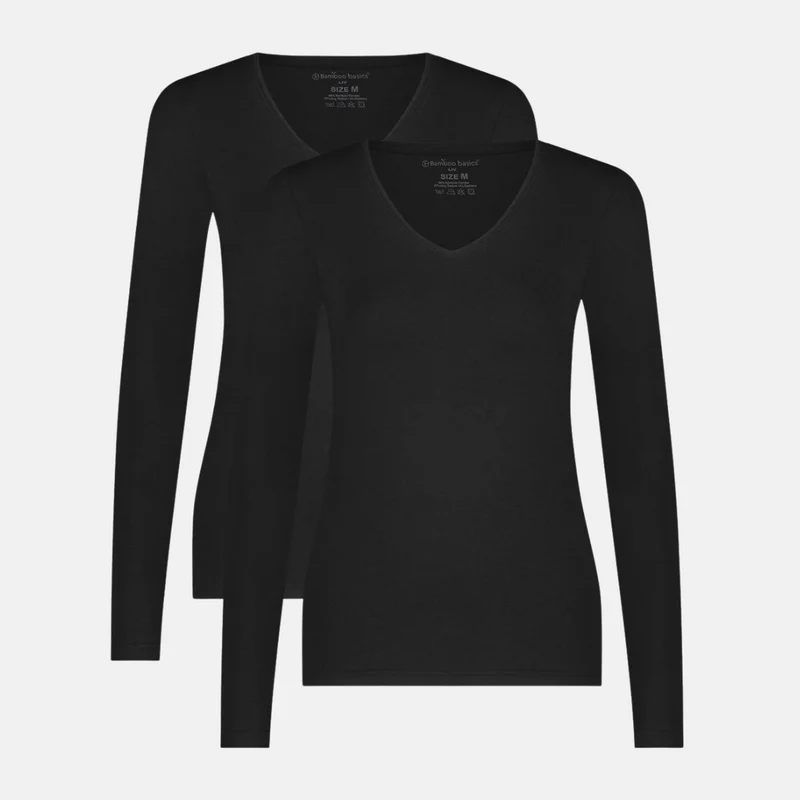 2er Pack Schwarzes Langarm-Bambus-T-Shirt mit V-Ausschnitt