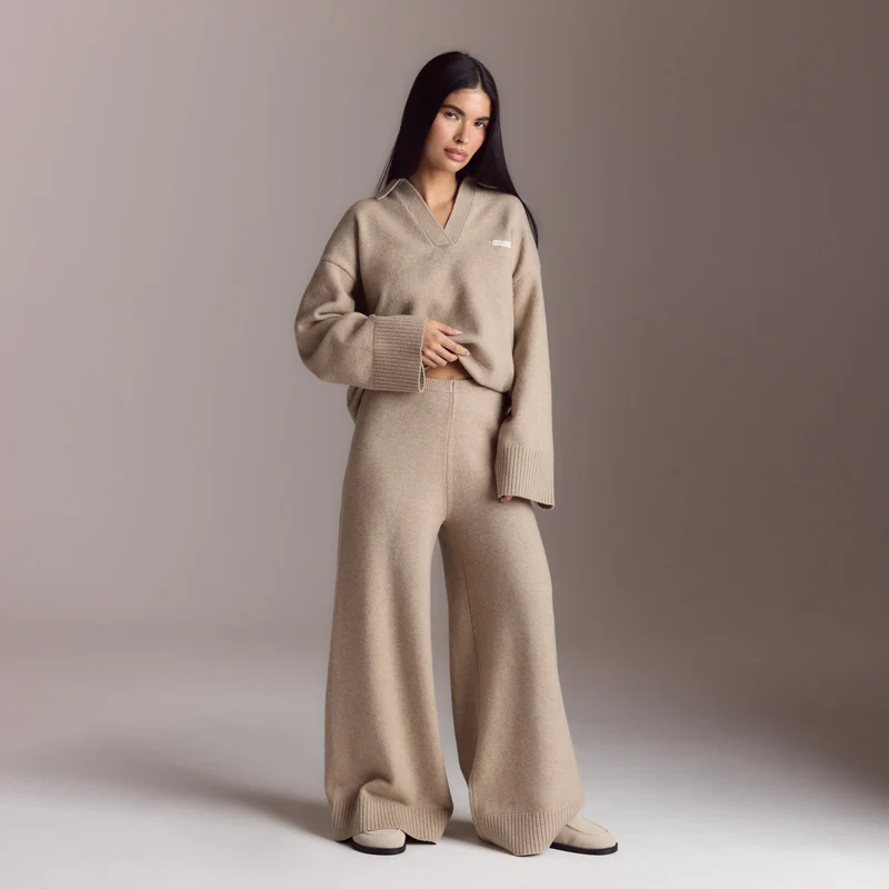 Ribbed Hem Knitted Trousers - Mink