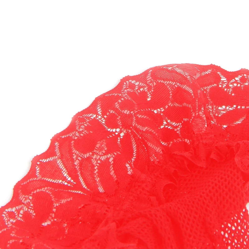 Rote, netzartige Oberschenkelstrümpfe mit Vintage-Spitzenabschluss und Silikon-Halteband