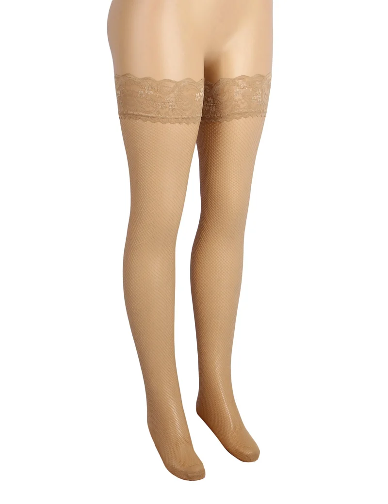 Beige Netzstrümpfe bis zum Oberschenkel mit Spitzenabschluss und Silikon-Halteband