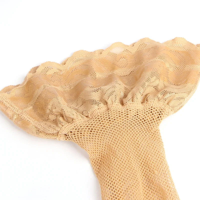 Beige Netzstrümpfe bis zum Oberschenkel mit Spitzenabschluss und Silikon-Halteband