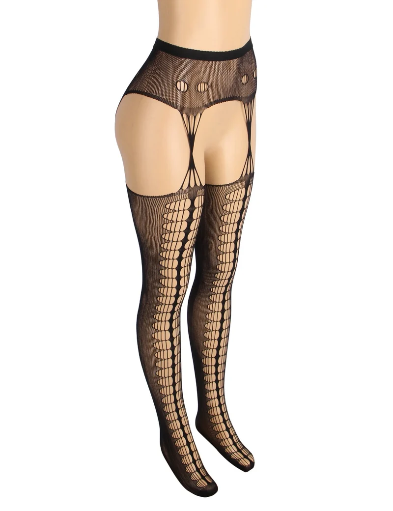 Schwarze Nylon-Strumpfhose mit Schnürung – breiter elastischer Bund und Cut-Out-Details