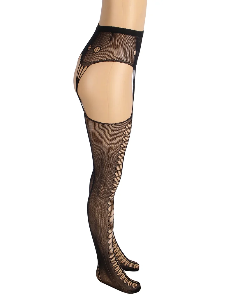 Schwarze Nylon-Strumpfhose mit Schnürung – breiter elastischer Bund und Cut-Out-Details