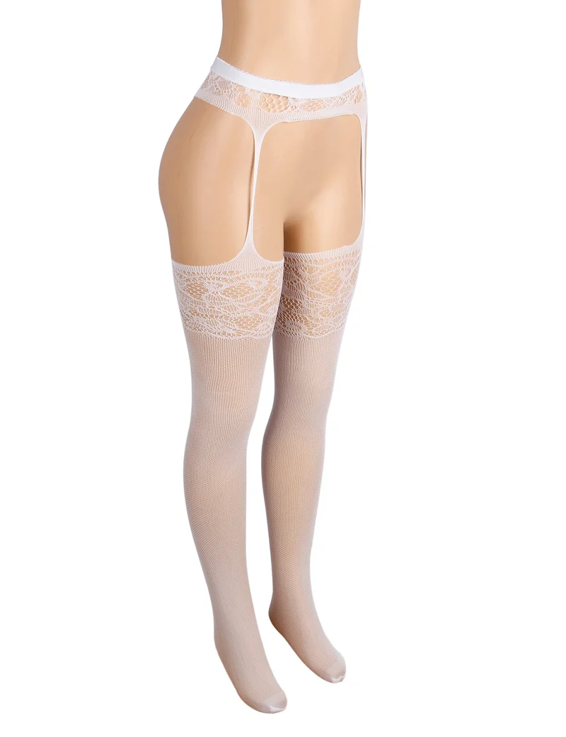 Weiße, hochelastische Nylon-Jacquard-Strumpfhose mit Trägern – breiter elastischer Bund und offener Schritt