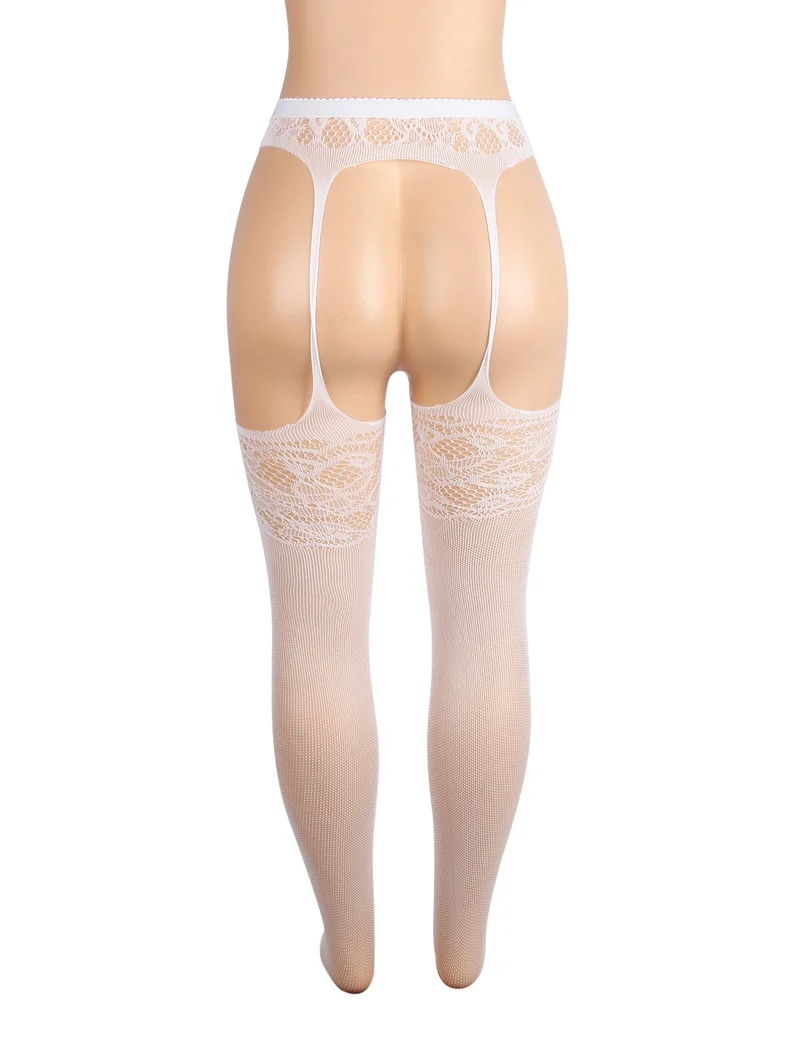 Weiße, hochelastische Nylon-Jacquard-Strumpfhose mit Trägern – breiter elastischer Bund und offener Schritt