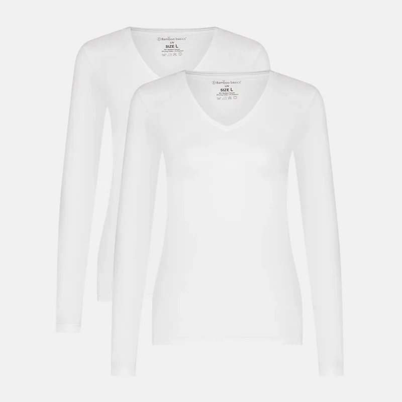 2er-Pack Weißes Langarm-Bambus-T-Shirt mit V-Ausschnitt
