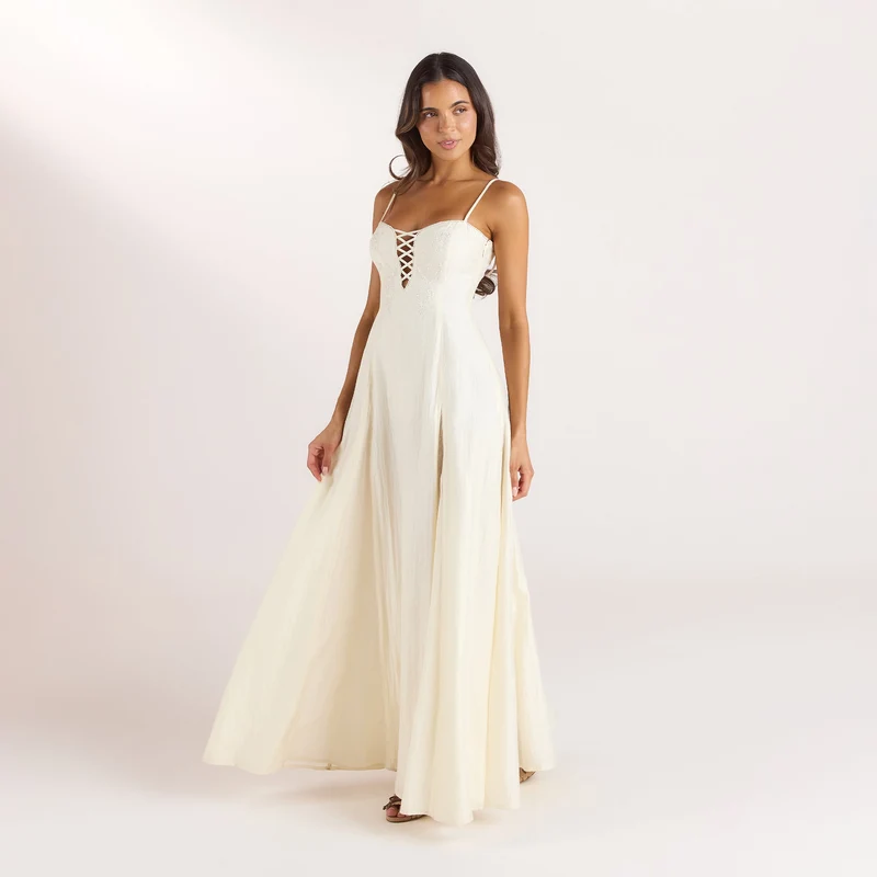 Embroidered Lace-Up Maxi Dress - Buttercream
