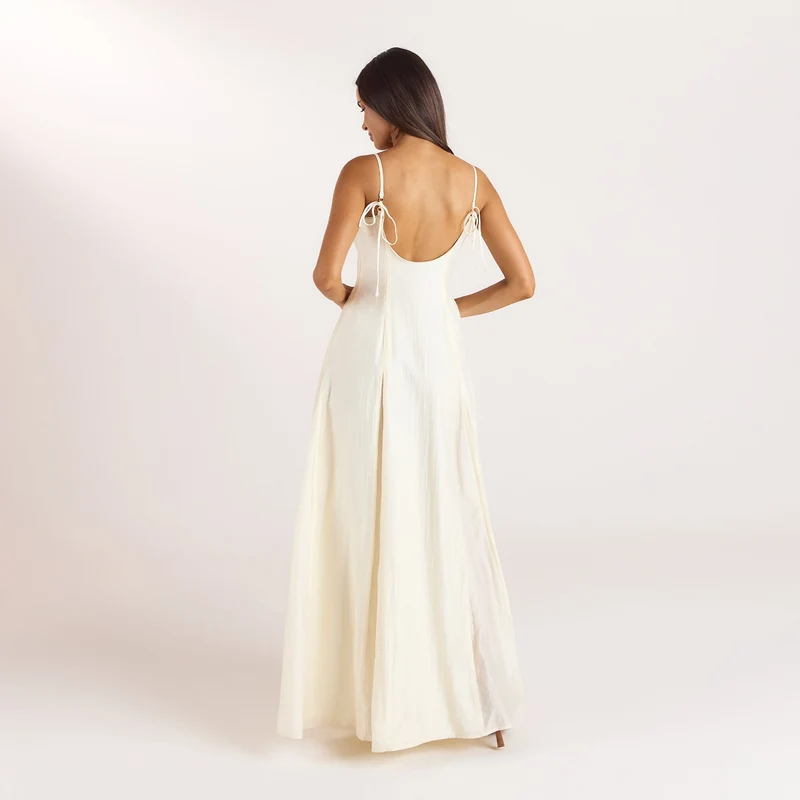 Embroidered Lace-Up Maxi Dress - Buttercream