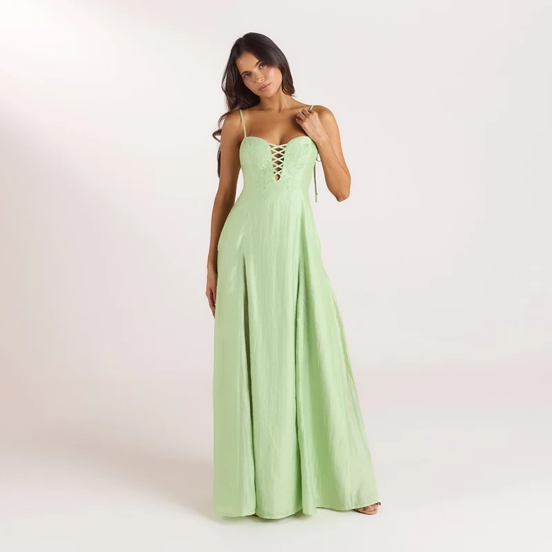 Embroidered Lace-Up Maxi Dress - Green