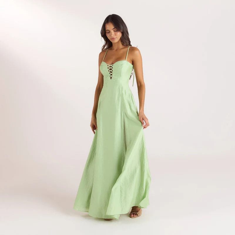 Embroidered Lace-Up Maxi Dress - Green