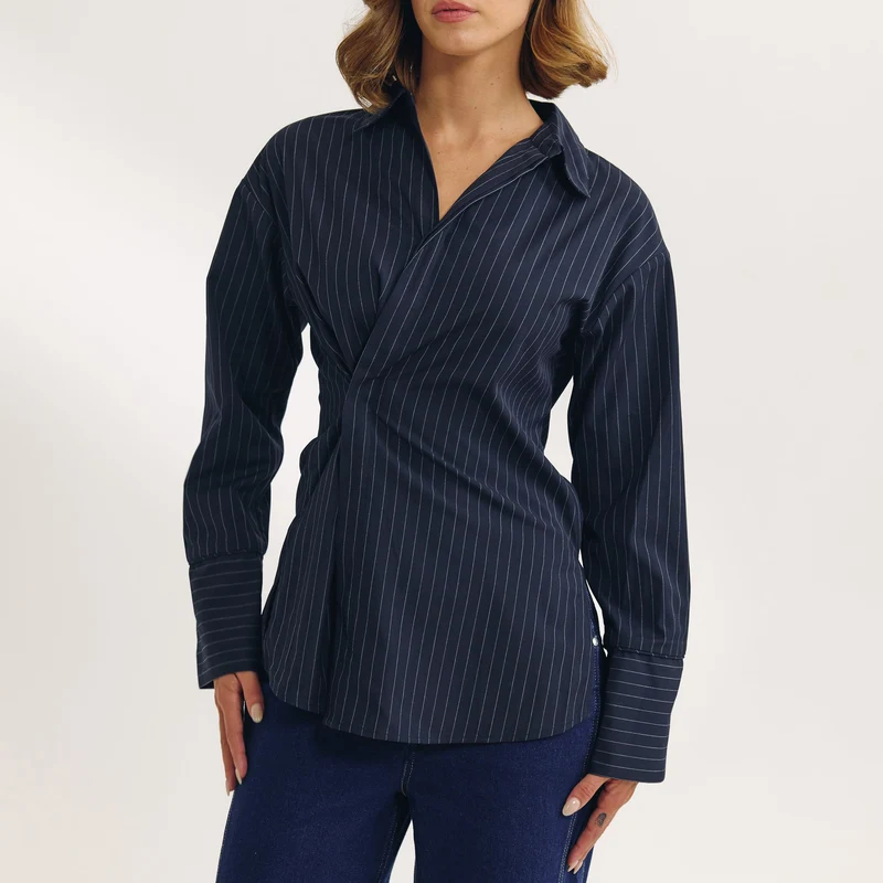 Asymmetric Shirt - Navy Pinstripe