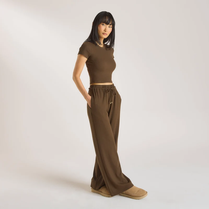 Waffle Wide Leg Trousers - Chocolate