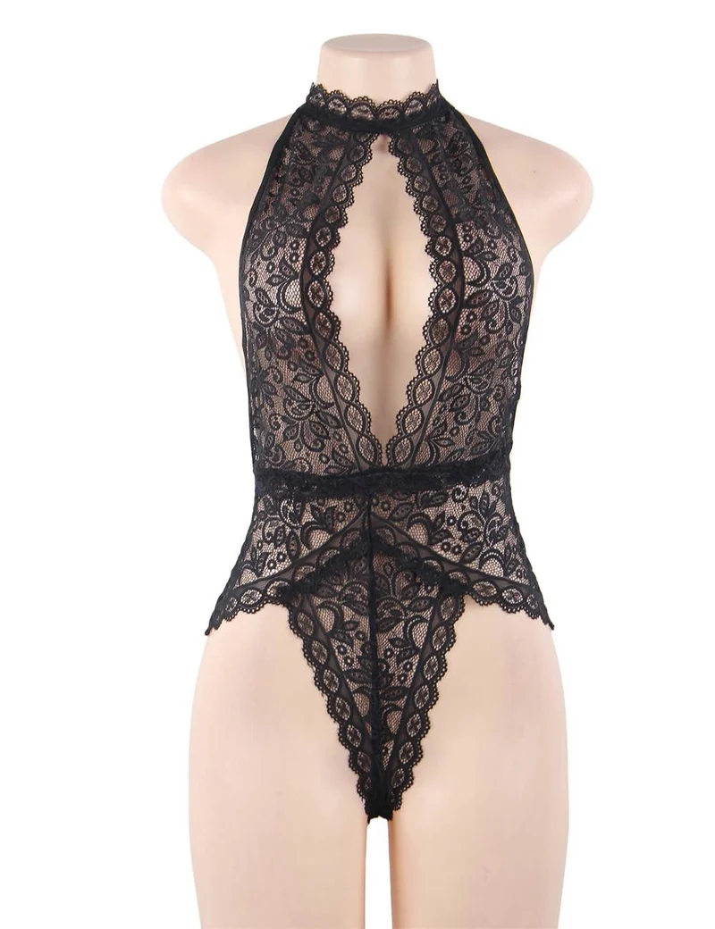 Schwarzer Teddy aus Spitzenmesh – Neckholder, Cut-Out-Detail und offener Rücken