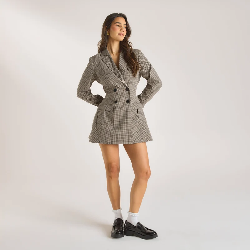 Houndstooth Blazer Dress - Brown