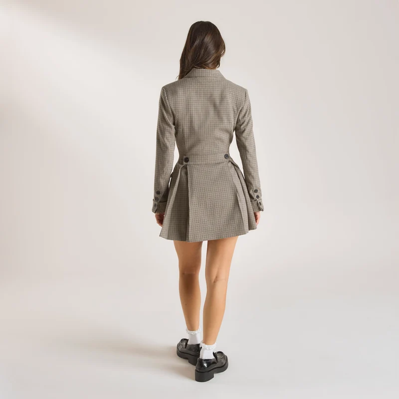 Houndstooth Blazer Dress - Brown