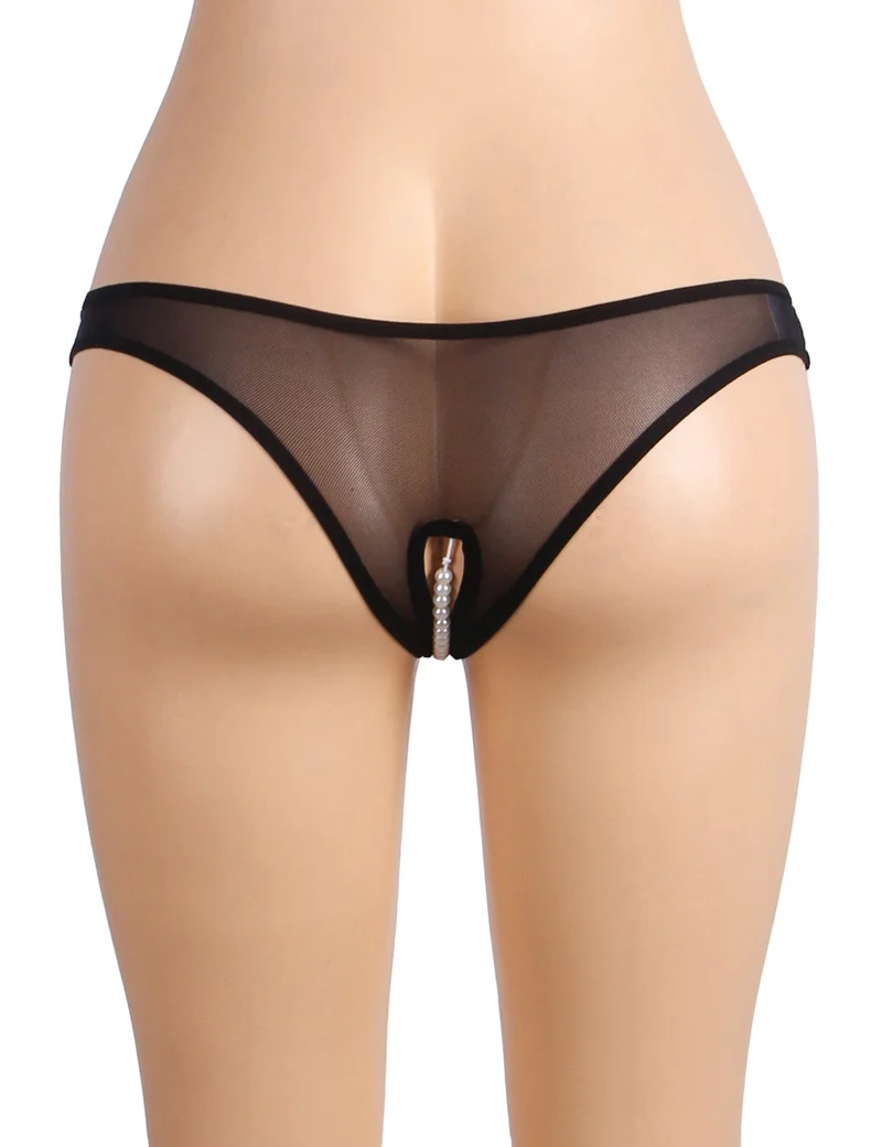 Schwarzer Netz-Slip – 3D-bestickter Bund, offener Schritt und Perlenverzierung