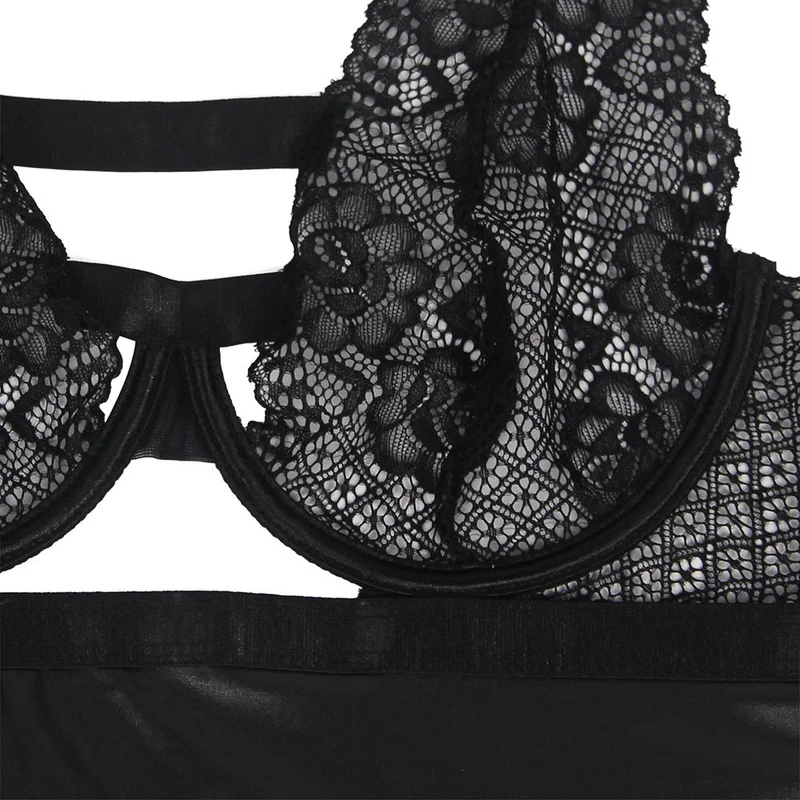 Schwarze Dessous aus Kunstleder mit Spitze – Bügel-BH, herzförmiger Ausschnitt, offener Rücken und 9-Haken-Verschluss