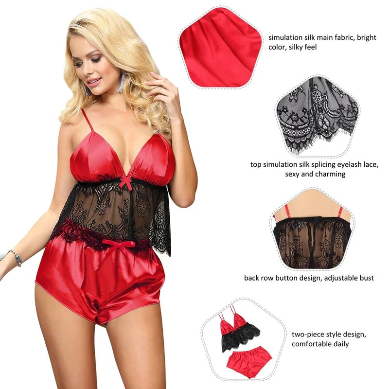 Rotes Pyjama-Set mit Satin-Finish und Spitzenbesatz – Verstellbare Träger mit Knopfverschluss am Rücken