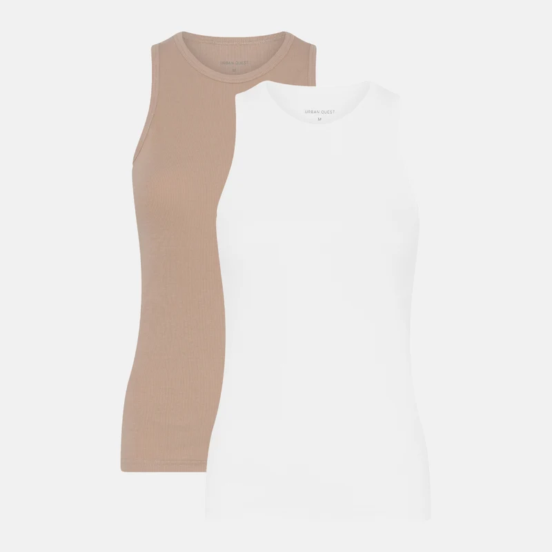 2er-Pack: Weißes/hautfarbenes Bambus-Tanktop mit Rippbündchen und breiten Trägern