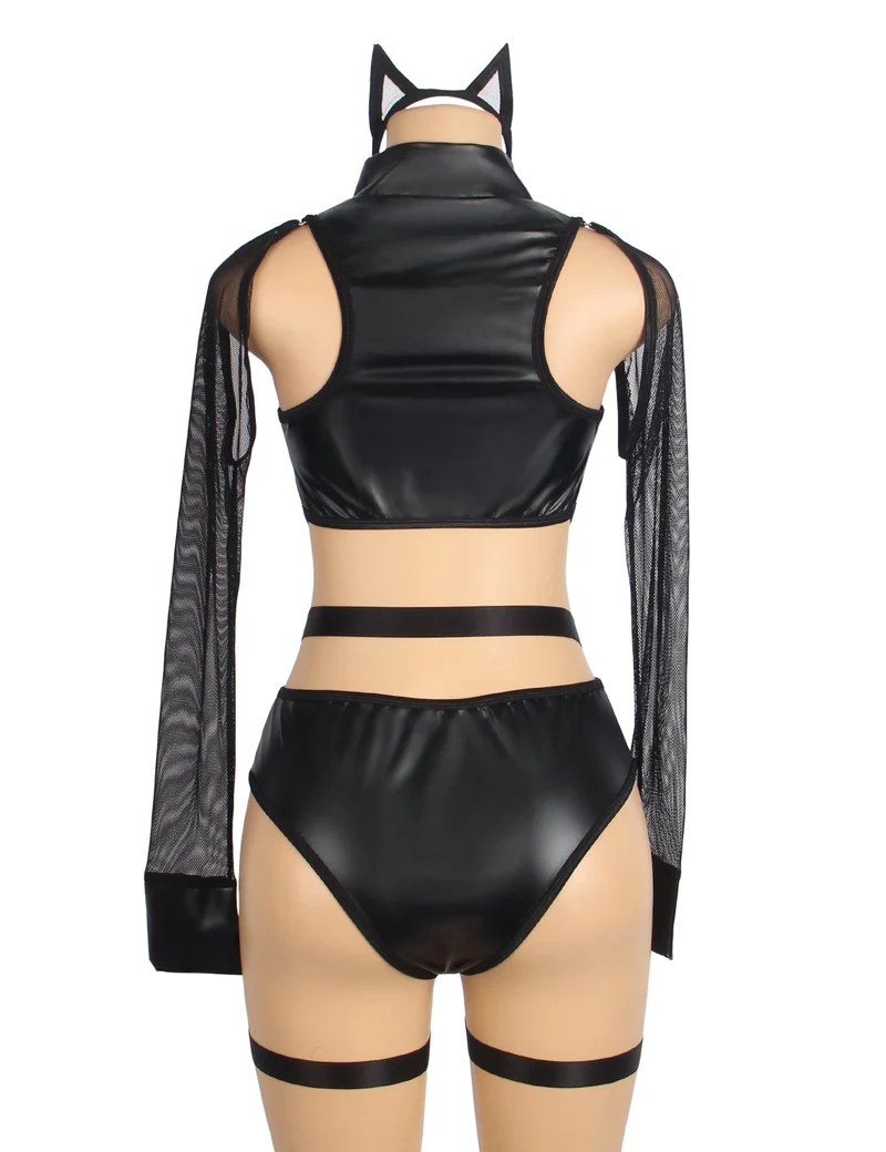 Schwarzer Magic Body aus PU-Leder – Mesh-Einsätze, Frontreißverschluss, offener Rücken, abnehmbare Ärmel, Beinschlaufen und Stirnband