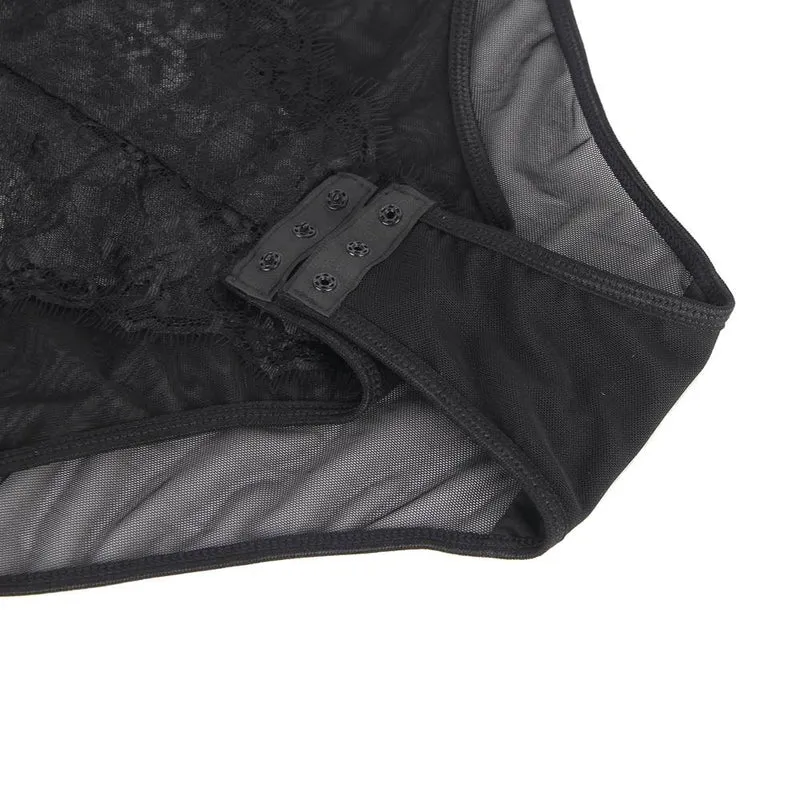 Schwarzer Teddy aus Mesh und Spitze – Bügel-BH, Wimpernspitzen-Details, offener Schritt und verstellbare Träger