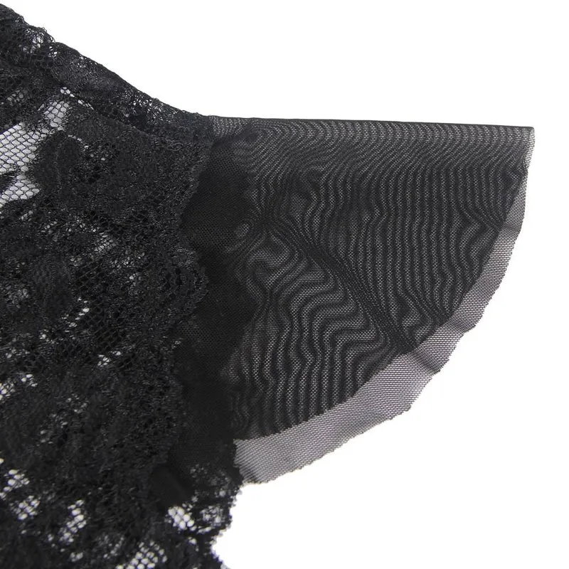 Blauer Teddy aus Spitzenmesh – Tiefer V-Ausschnitt mit Neckholder, Rüschensaum und abnehmbarer Satinschleife am Bund