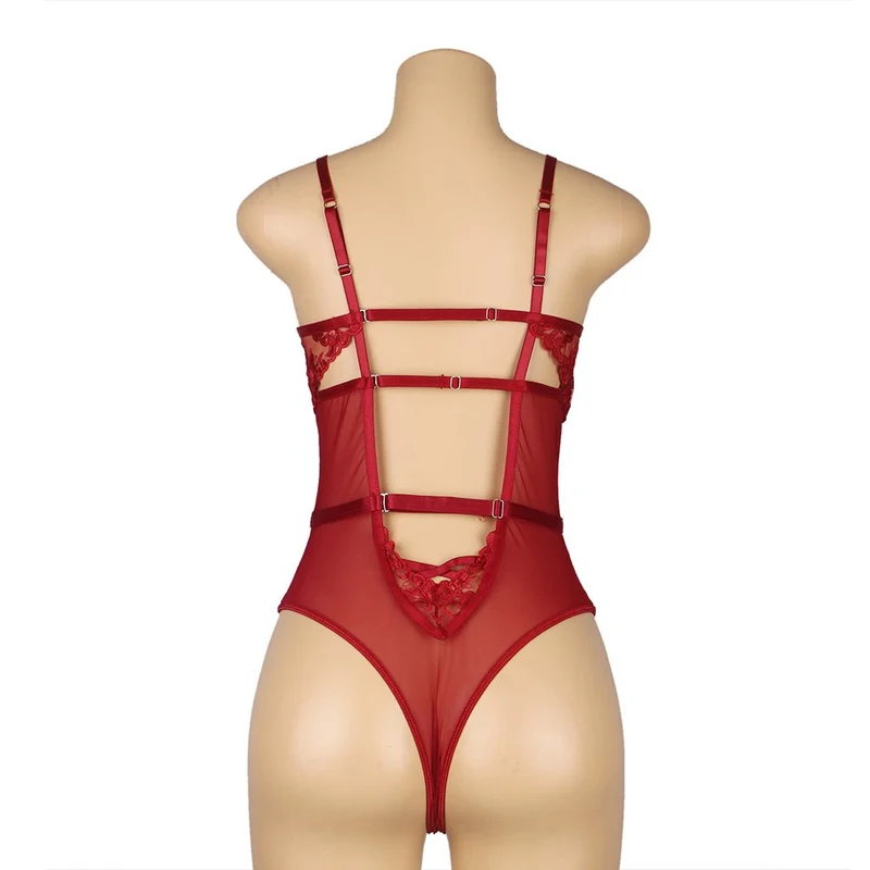 Weinroter, bestickter Mesh-Body – Bügel-BH, 3D-Stickerei, gekreuzte Träger und tiefer V-Ausschnitt am Rücken