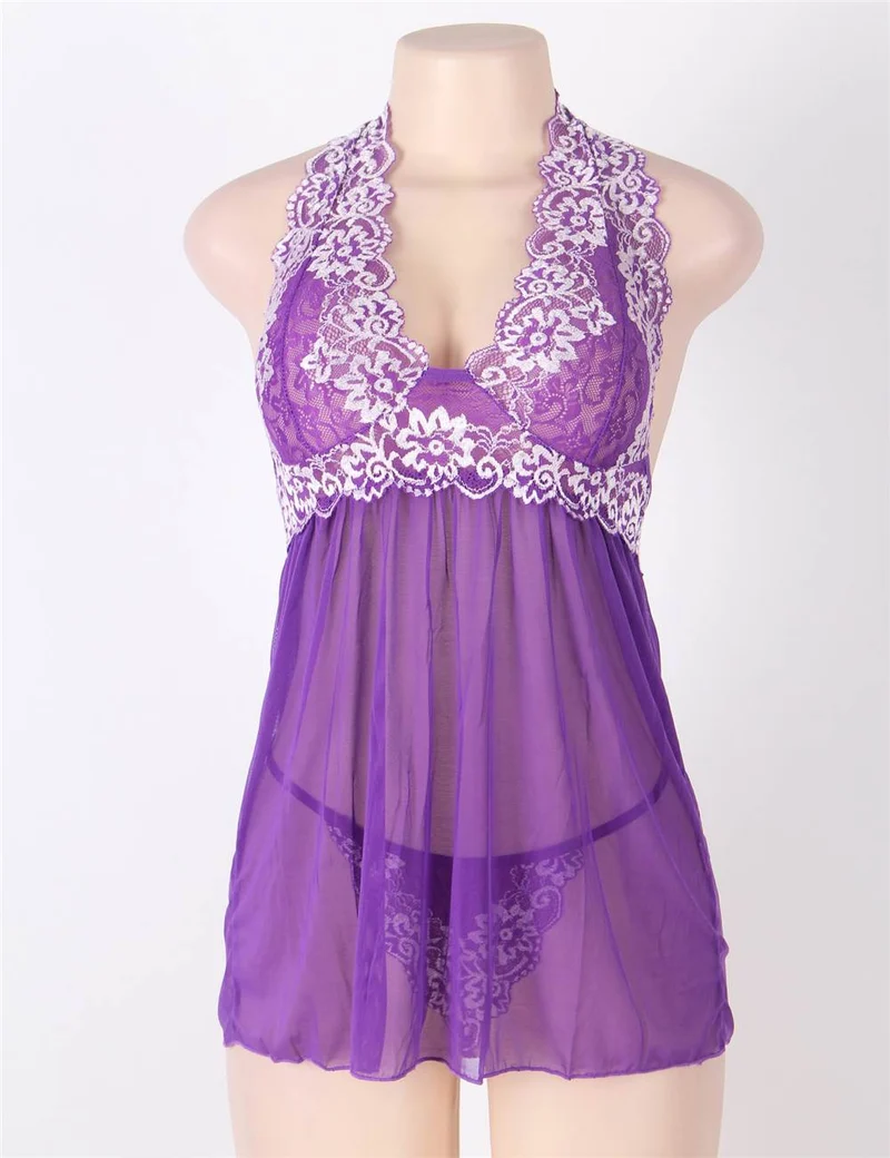 Lila Babydoll mit Neckholder aus Netzstoff – Doppellagige Spitzenborte & passender String