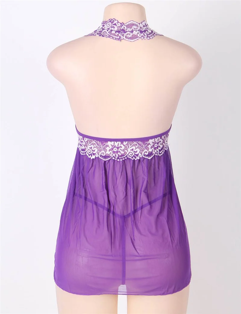 Lila Babydoll mit Neckholder aus Netzstoff – Doppellagige Spitzenborte & passender String