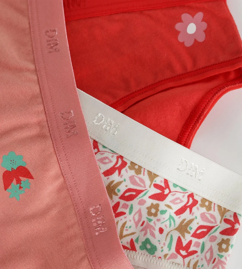 3er-Pack Stretch-Baumwollhöschen für Mädchen mit roten Blumen von Les Pockets