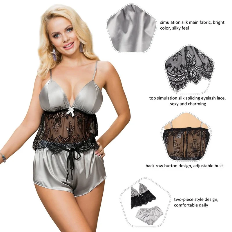 Pyjama-Set aus silberfarbenem Satin-Finish mit Spitzenbesatz – verstellbare Träger und Knopfverschluss am Rücken