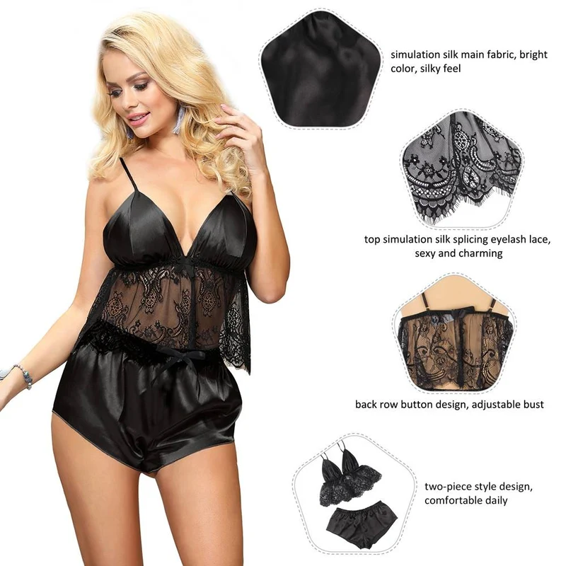 Schwarzer Pyjama mit Satin-Finish und Spitzenbesatz – Verstellbare Träger und Knopfverschluss am Rücken
