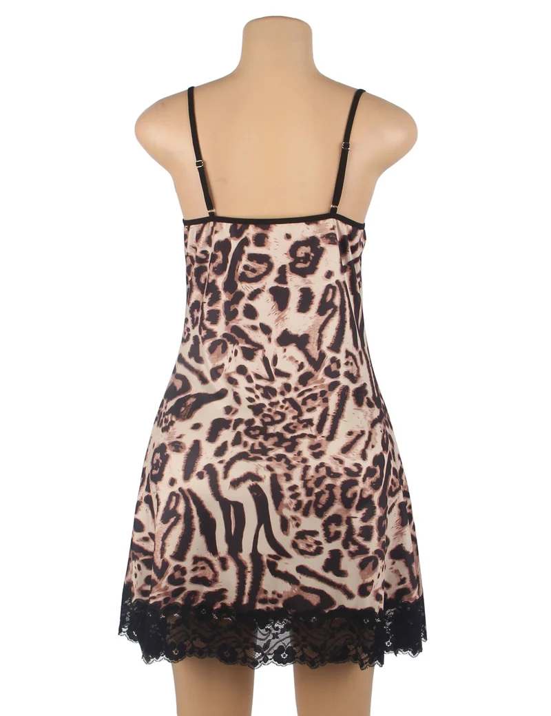Nachthemd im Babydoll-Stil aus Milchseide mit Leopardenmuster – Set aus Spitzenbesatz, Schleifenbändern und String