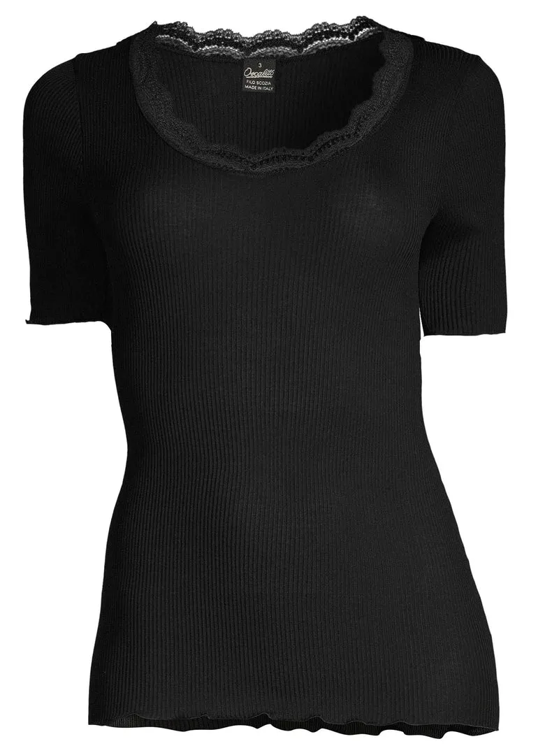 T-Shirt, Rundhals, Feinripp, mit Dentelle de Calais®-Spitze, FILOSCOZIA FINE RIB