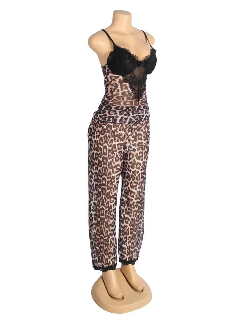 Pyjama-Set mit Leopardenmuster, bestehend aus einem Top mit tiefem V-Ausschnitt aus Mesh und Spitze sowie einer passenden Hose