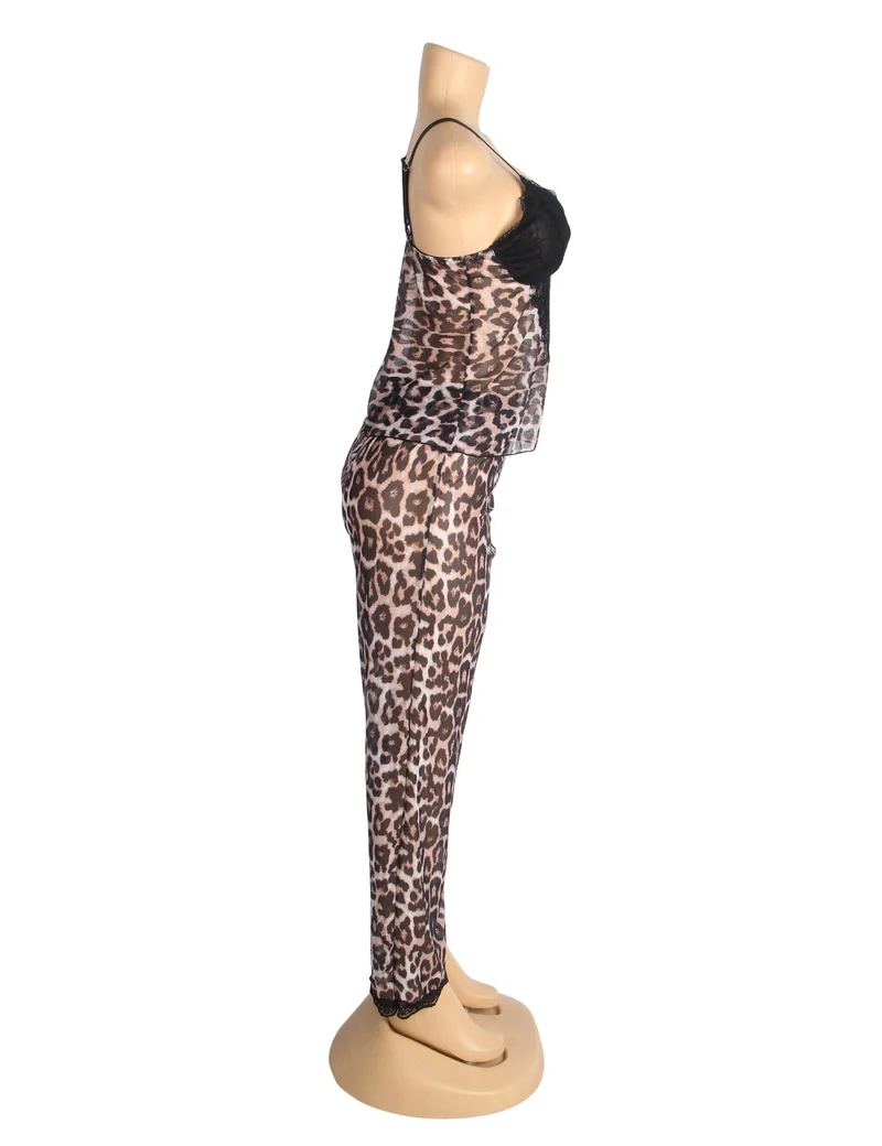 Pyjama-Set mit Leopardenmuster, bestehend aus einem Top mit tiefem V-Ausschnitt aus Mesh und Spitze sowie einer passenden Hose